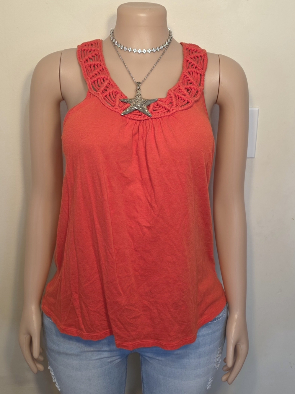 Elle Orange Crochet-Trim Sleeveless Tank Top